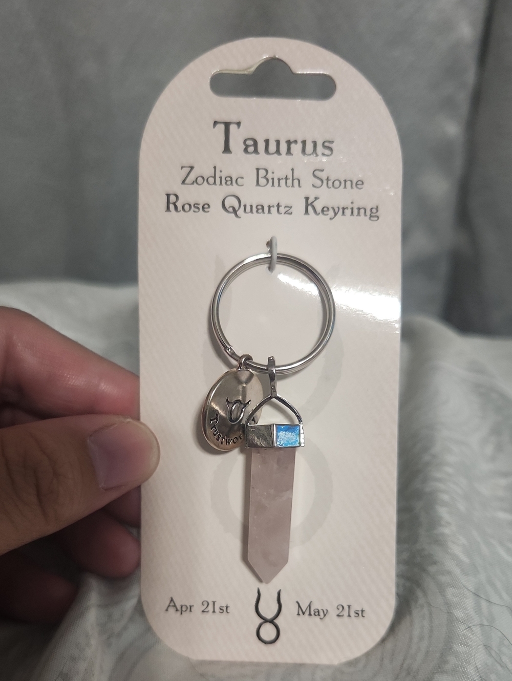 British Fossils Taurus Zodiac Birth Stone Keyring Rose Quartz Bull Trustworthy